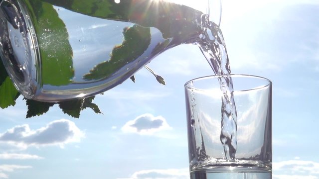 Clean, fresh water poured into a glass on a background of leaves and sky. Slow motion 240 fps. 