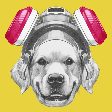 Portrait of Golden Retriever with gas mask. Hand drawn illustration.