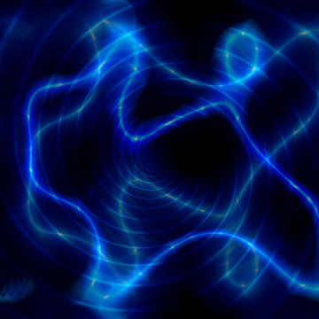 Abstract dark background with glowing lines, electric arc and concentric spirals
