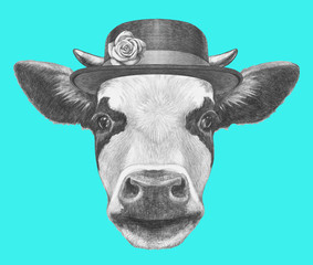 Portrait of Cow with hat. Hand drawn illustration. 
