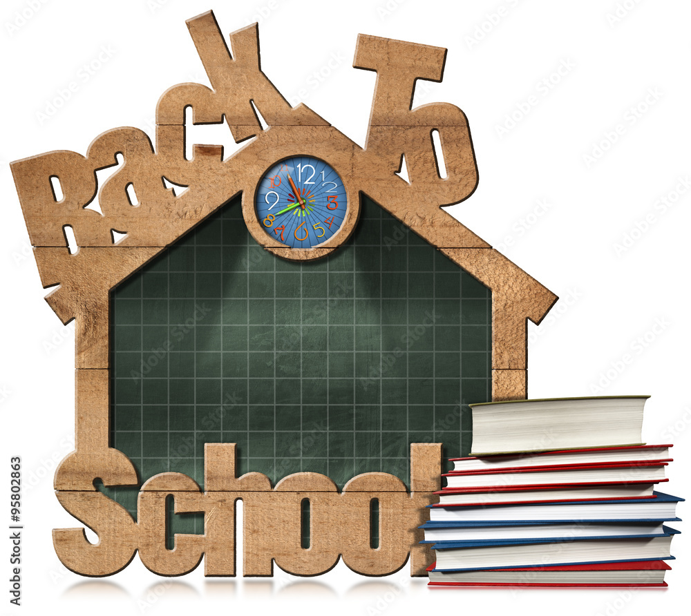 Aufkleber back to school - blackboard school building / empty blackboard with wooden frame in the shape of sch