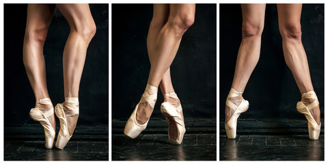Fototapety  Kolaż klasycznych nóg baleriny w pointach na drewnianej podłodze