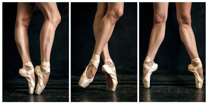 Collage of classic ballerina's legs in pointes on wooden floor