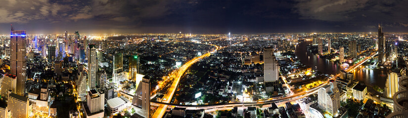 Panorama of the Bangkok skyline cityscape at night