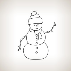 Christmas Snowman in a Hat and Scarf on a Light Background, Christmas Decorations, Drawing in Linear Style ,Merry Christmas and Happy New Year, Black and White Vector Illustration