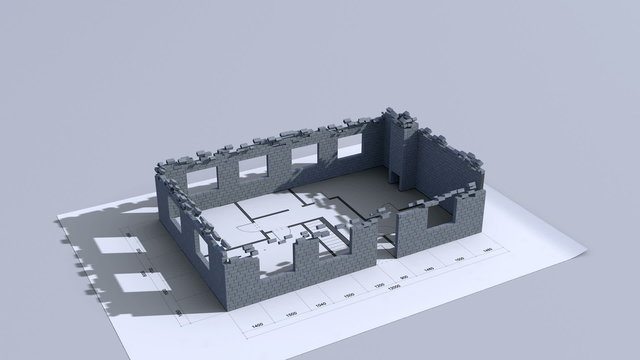 Home construction. Time-lapse 3d animation showing a process from the blueprints to installation of the roof. Top view. Full HD