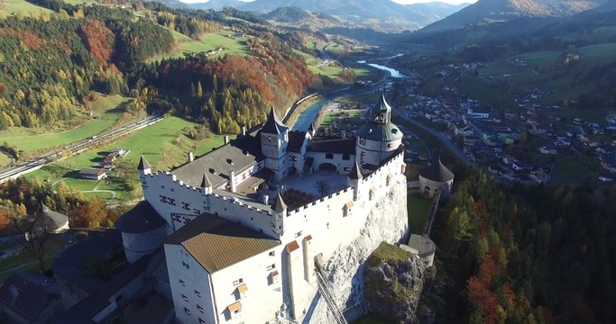 Aerial view of alpine castle Hohenwerfen near Salzburg, Austrian Alps
