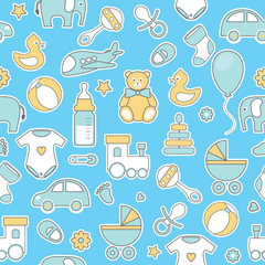 vector seamless pattern with line flat baby icons
