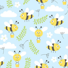 seamless vector pattern with cute  bees, clouds,  flowers