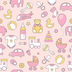 vector seamless pattern with line flat baby icons
