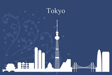 Tokyo city skyline silhouette on blue background