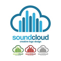 Music Cloud Creative Logo Design. Cloud music vector logo isolated on white background, blue cloud shape symbol with sound equalizer colorful lines