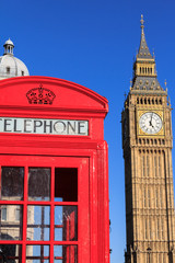 Fototapeta na wymiar Classic Red Telephone Box and Big Ben, London, England