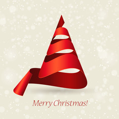 Merry Christmas design with christmas tree made of red ribbon, vector illustration