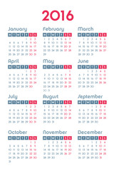 Calendar for 2016 on white background, week starts Monday, vector