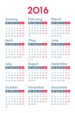 Calendar for 2016 on white background, week starts Monday, vector