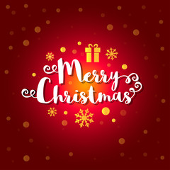 Merry Christmas text with golden snowflakes, present on deep red background. Vector illustration 