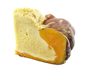 traditional thai dessert isolated on white background, single cut piece pumpkin stuffed egg custard