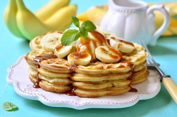 Homemade waffles with banana,caramel and mascarpone.