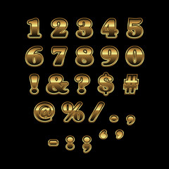 Golden numbers and punctuation marks addon for golden alphabet, vector