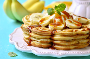 Homemade waffles with banana,caramel and mascarpone.
