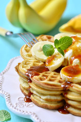 Homemade waffles with banana,caramel and mascarpone.