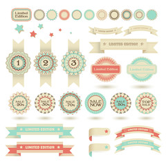 Set of sale stamps, winning place flags and limited edition ribbons, vector