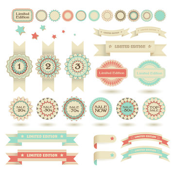 Set of sale stamps, winning place flags and limited edition ribbons, vector