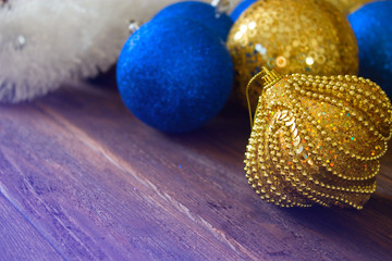 Christmas gold and blue balls. new Year decoration. Christmas or