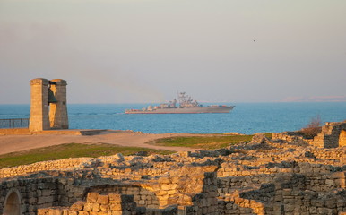 Ruins and bell of ancient Chersonesos in Sevastopol