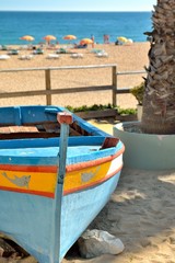 Fototapeta na wymiar blue fishing boat, sandy beach, blue sky, palm tree and the atlantic ocean