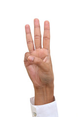 Close up of hand gesture number three