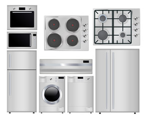 Home appliances. Set of household kitchen technologies, Microwave and electric Oven, Dishwasher, refrigerator, washing machine. Gas stove. Surface electric stove.