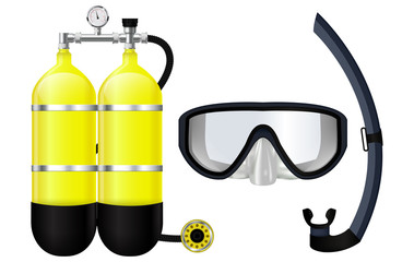 Aqualung. Diving devices. Dive Mask and tube for diving. 