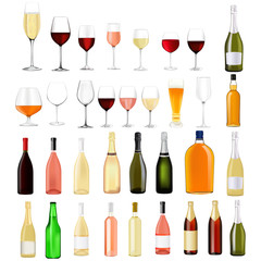 Alcohol drinks in bottles and glasses: whiskey, cognac, brandy, beer, champagne, wine