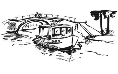 Vector sketch of european park with bridge over the river an a boat on it