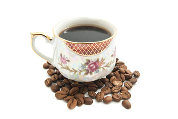 coffee and coffee beans on white