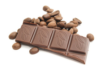 coffee beans and chocolate on white
