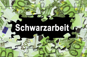Schwarzarbeit 22 / Puzzle 100-Euro-Scheine, weiß auf schwarz