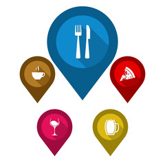 set vector map pointers/ blue pin restaurant / brown pin cafe /