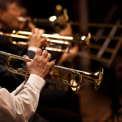 Trumpets in the hands of the musicians in the orchestra