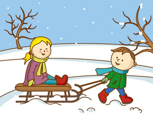 children playing with a sled in the snow