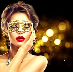 Beauty model woman wearing venetian masquerade carnival mask at party - obrazy, fototapety, plakaty