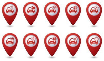 Car service. Set of red map pointers.
