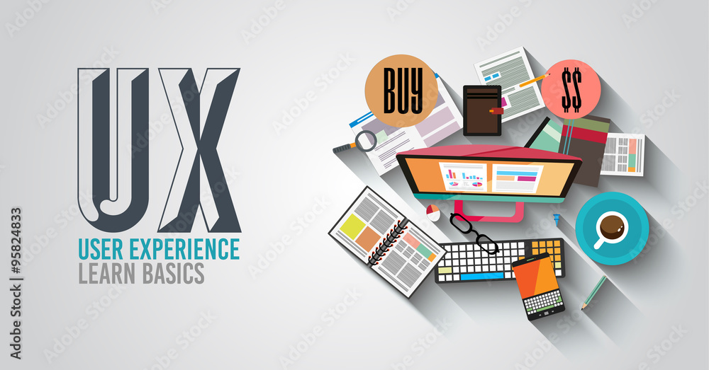 Aufkleber ux user experience background concept with doodle design style
