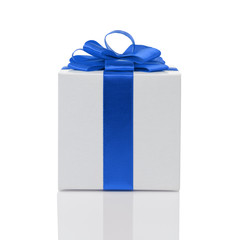 white paper gift box with blue ribbon bow isolated