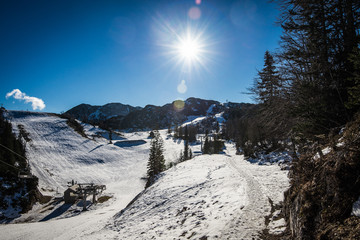 Ski slopes of Vogel, Triglav natural park, Julian Alps, Slovenia, Europe.