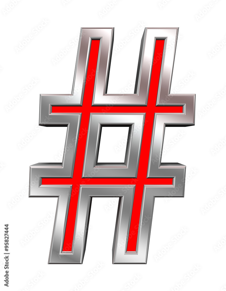 Fototapete number mark sign from red with chrome frame alphabet set, isolated on white. computer generated 3d p
