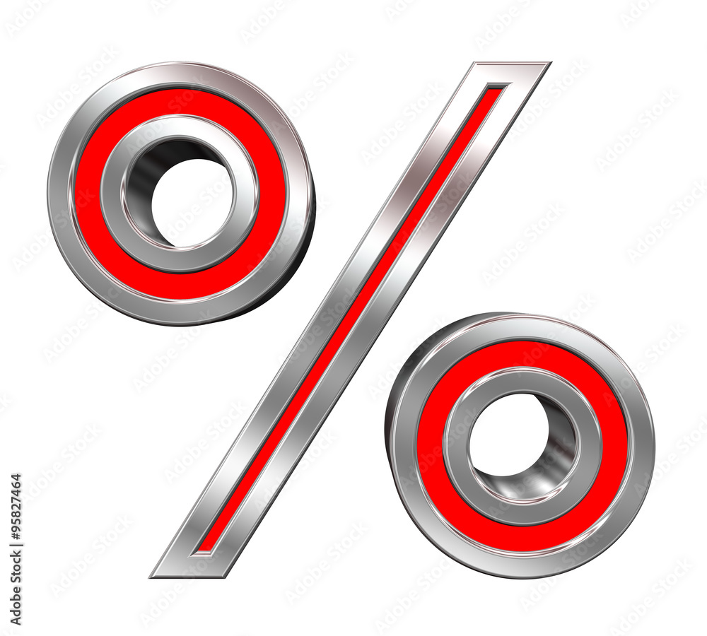 Fototapete percent sign from red with chrome frame alphabet set, isolated on white. computer generated 3d photo