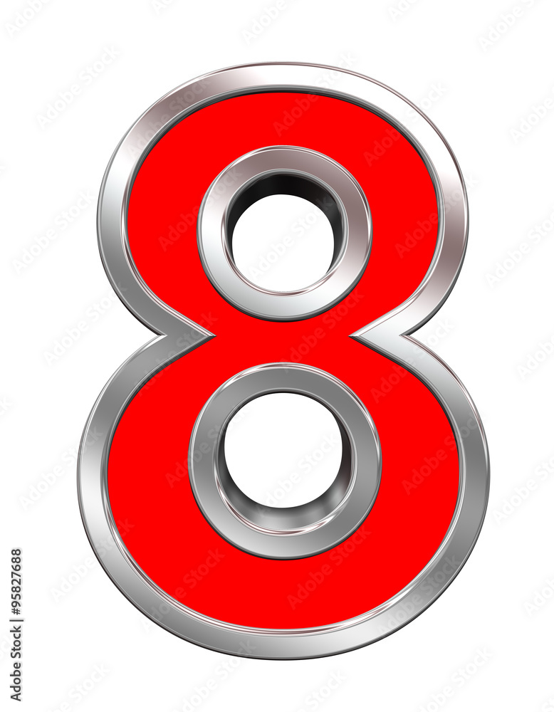 Fototapete one digit from red with chrome frame alphabet set, isolated on white. computer generated 3d photo re